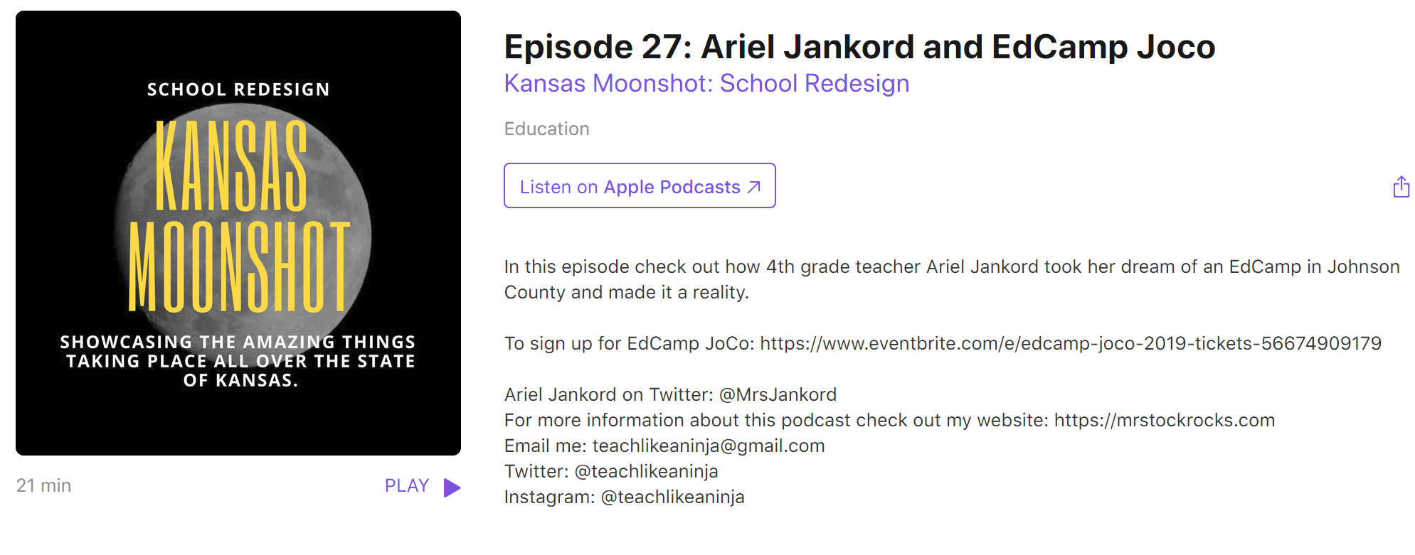 Kansas Moonshot Podcast Episode 27: Ariel Jankord and EdCamp JoCo